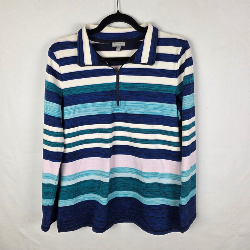 T by Talbots Womens Blue Teal Striped Quarter Zip Pullover Top Size M